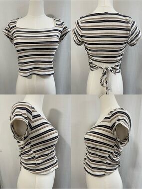Open Tie Back Striped Ribbed Crop Top Square Neck Short Sleeve Medium Windsor